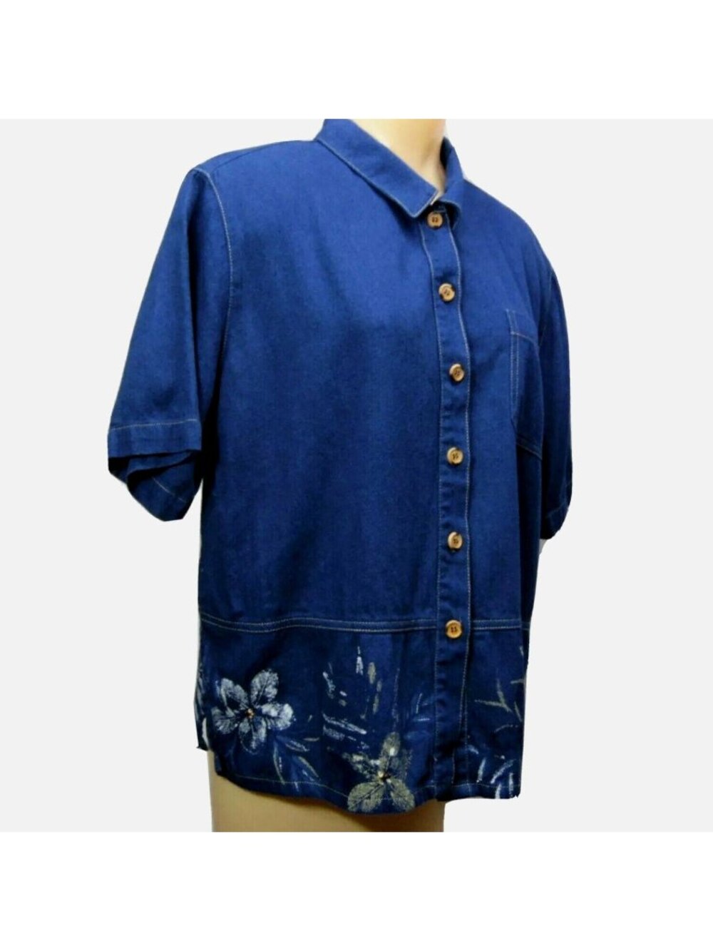 VTG Koret City Blues Denim Button Front Blouse Sz Large Painted Beaded Short Sle